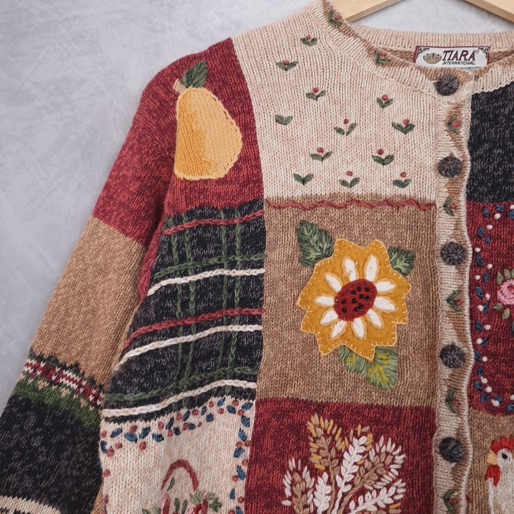 Handknit Country Cardigan Sweater Womens Large Farm Flower Rooster Sunflower - Picture 3 of 16